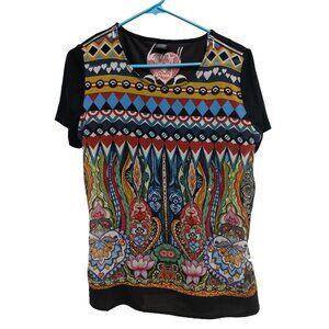 Desigual Womens Top Size Large Multi Paisley Wearable Art Eclectic Short Sleeve